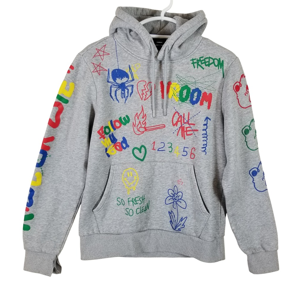 Smoke Rise Mens Gray Graffiti Doodle Graphic Streetwear Fleece Hoodie Small
